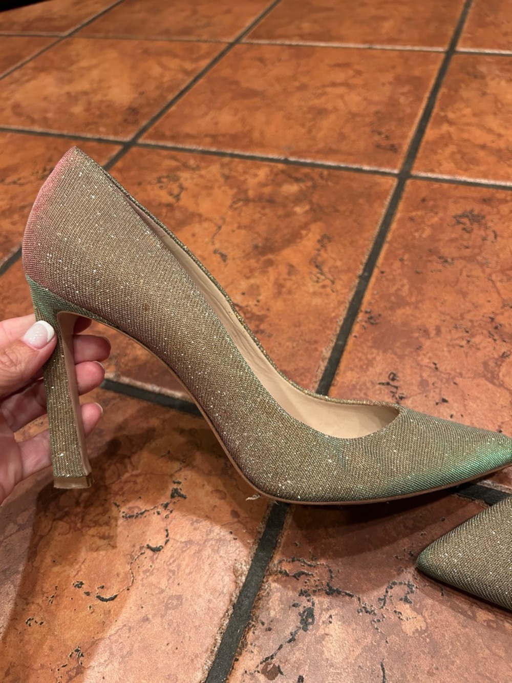Stuart Wietzman Sparkle Pointed-Toe High Heels in Gold/Iridescent. - Picture 3 of 12